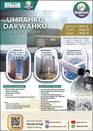 Paket Umroh Dakwahku Awal Musim 1447 H/2025M,  HudayaSafari - BTT, 9 hari, Keberangkatan 1,15, 29 Juli ; 5 & 9 Agustus, 2 & 23 September 2025 